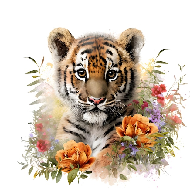Zdjęcie tygrys z kwiatami w stylu przypominającym akwarele.
