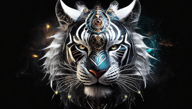 Tygrys z niebieską i srebrną głową, na której jest napisane imię tygrysa.