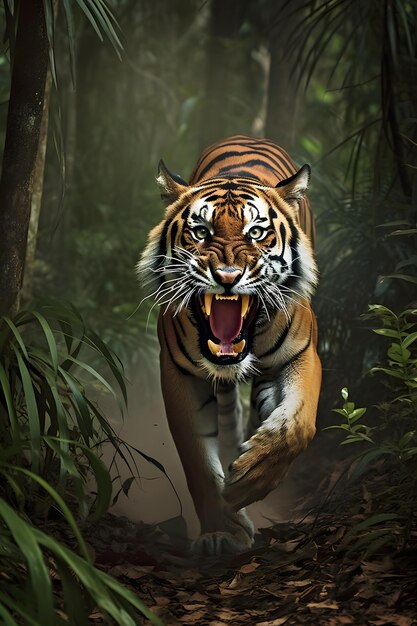 Tygrys z otwartymi ustami i szerokim uśmiechem na twarzy