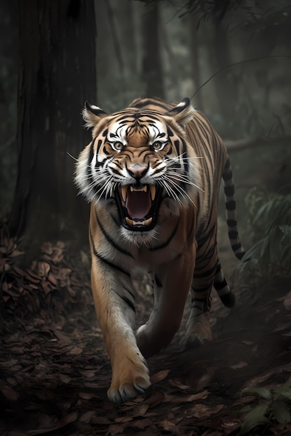Tygrys z otwartymi ustami i szerokim uśmiechem na twarzy
