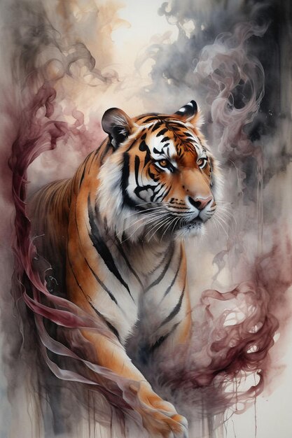 Zdjęcie tygrys z tygrysem na plecach i dymnym tle