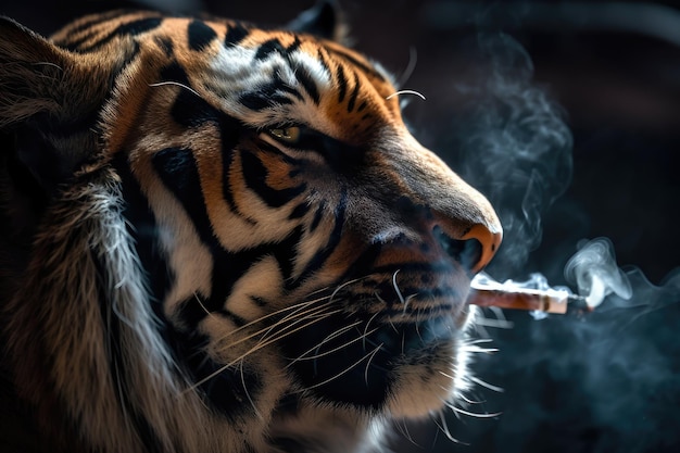Tygrys z zamkniętymi oczami palący fajkę stworzoną za pomocą generatywnej sztucznej inteligencji