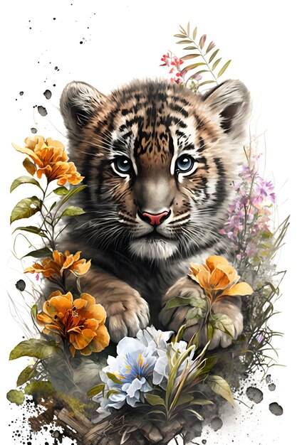 Tygrysek otoczony jest kwiatami i kwiatami.