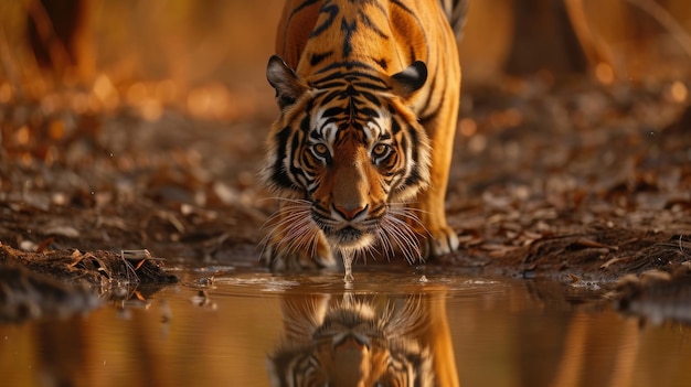Tygrysy skoncentrowane piją z basenu wody Mięśnie wirujące w złotym świetle zmierzchu