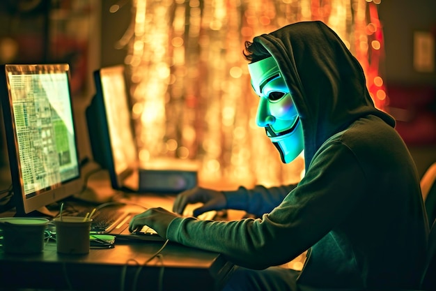 Tył anonimowego hakera robota Koncepcja hakowania cyberprzestępczości cyberataku itp. AI Generative