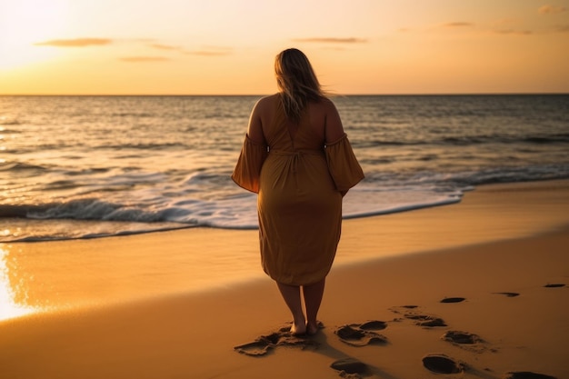 Tył grubej kobiety cieszy się morzem o zachodzie słońca Osoby z nadwagą Generacyjna sztuczna inteligencja