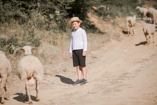 Tył na kaukaskim małym nastoletnim chłopcu w kapeluszu spacerującym na świeżym powietrzu w polu i opiekującym się owcami