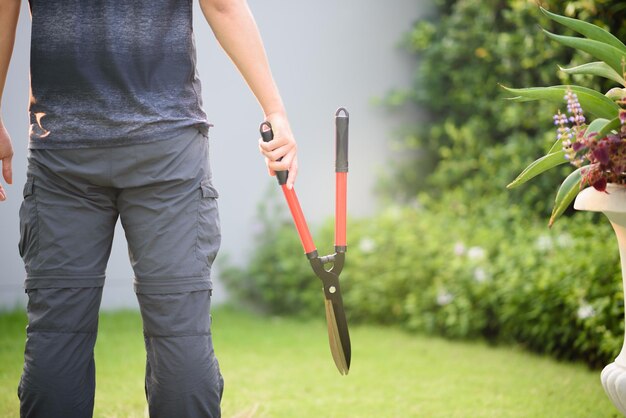 Tył profesjonalnego ogrodnika trzymającego nożyce do cięcia trawnika w ogrodzie