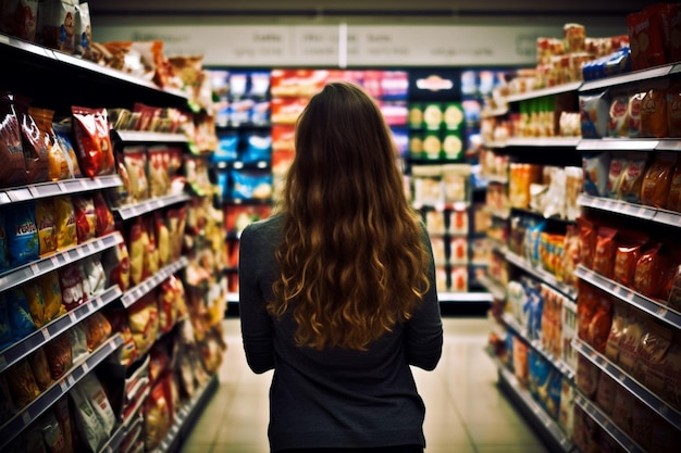 Tyle marek Zdjęcie z tyłu przedstawiające młodą kobietę robiącą zakupy w sklepie spożywczym
