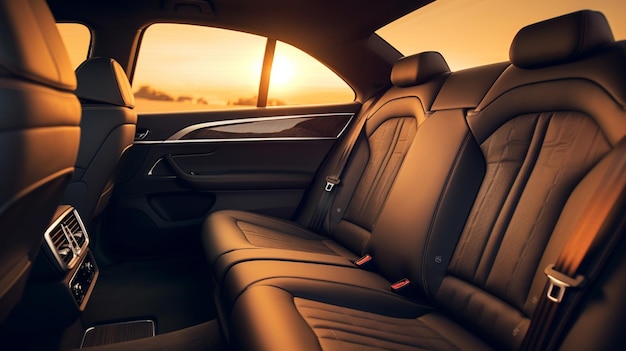 Tylne siedzenia we wnętrzu luksusowego samochodu stworzonego przez sieć neuronową Generative AI