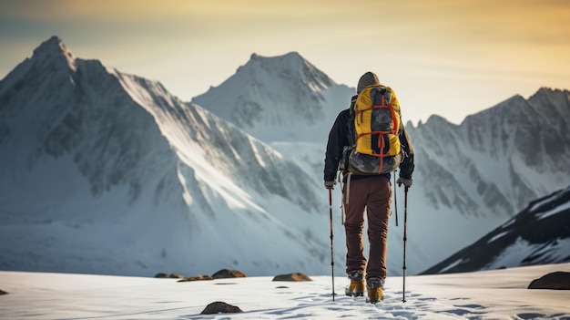 Tylny widok mężczyzny wędrującego samotnie w zimowych górach z bliskimi nogami