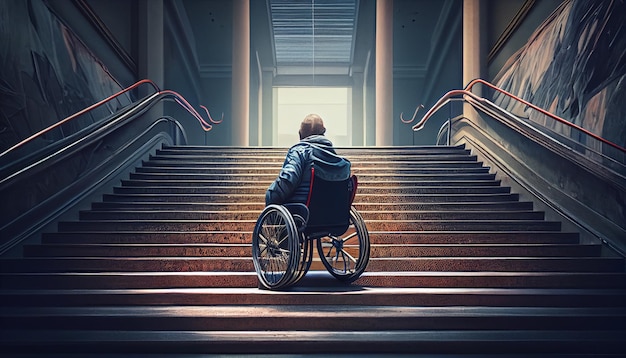 Tylny widok niepełnosprawny mężczyzna w wózku inwalidzkim na schodkach Generative Ai