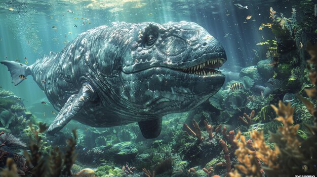 Tylosaurus proriger gady w wodzie morskiej z roślinną sztuczną inteligencją zdjęcie