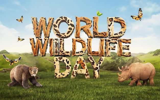 Typografia Światowego Dnia Dzikiej Przyrody ze zwierzęciem w dżungli