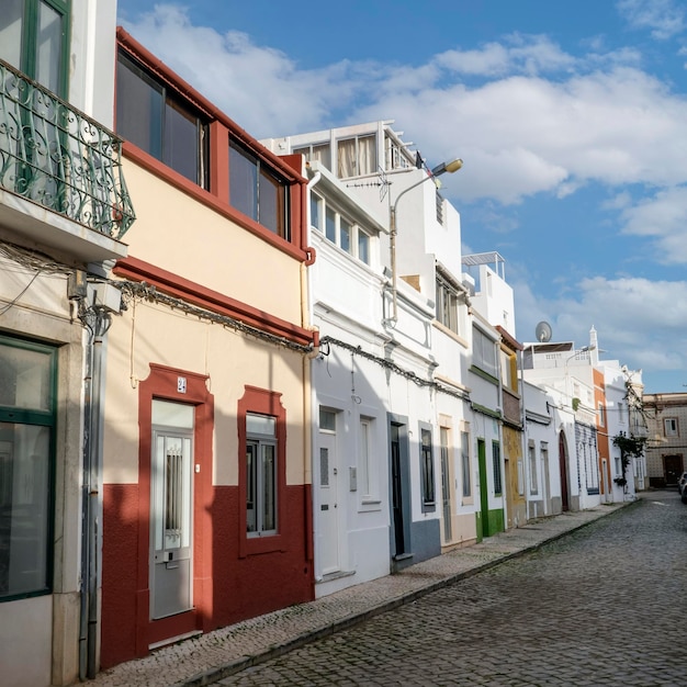 Typowa architektura budynków w stylu vintage Algarve, znajdujących się w Olhao, Portugalia.