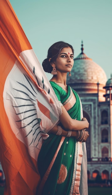 Typowa indyjska kobieta trzymająca indyjską flagę w taj mehal generatywnej sztucznej inteligencji