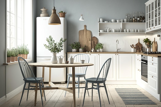 Typowa skandynawska kuchnia ze stołem jadalnym i krzesłami oraz stylowa architektura wnętrz zwieńczona jest drewnianym blatem lub półką i współczesnymi minimalistycznymi wazonami