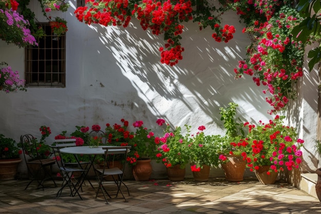 Typowe andaluzyjskie patio z stołami, krzesłami i kwiatami