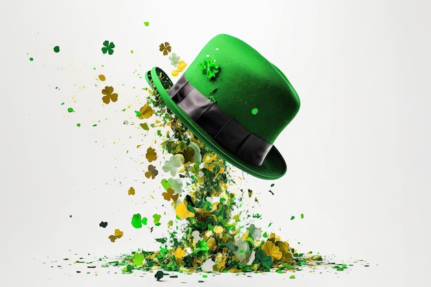 Typowy zielony kapelusz Świętego Patryka z wybuchem konfetti na białym tle Ai generatywne