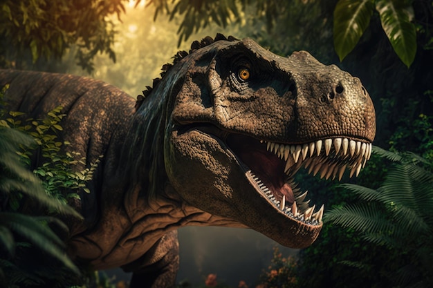 Zdjęcie tyrannosaurus rex ryczący nad lasem i mgłą stworzony przy użyciu technologii generatywnej ai