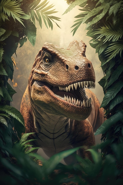 Tyrannosaurus rex ryczy nad ramą z liści i lasu stworzoną przy użyciu technologii generatywnej AI