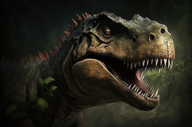 Tyrannosaurus rex ryczy nad skalną ścianą i liśćmi stworzonymi przy użyciu technologii generatywnej AI