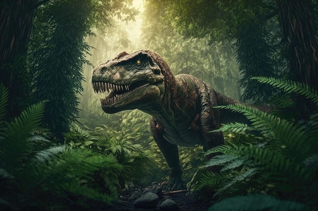 Tyrannosaurus rex w dziczy otoczony bujną zielenią stworzoną za pomocą generatywnej sztucznej inteligencji