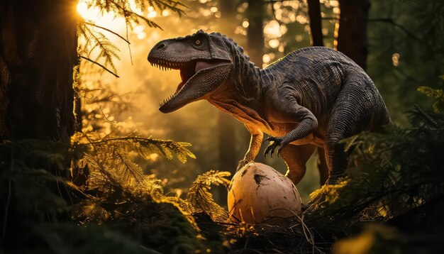 Tyrannosaurus rex z małym jajem w świetle słonecznym
