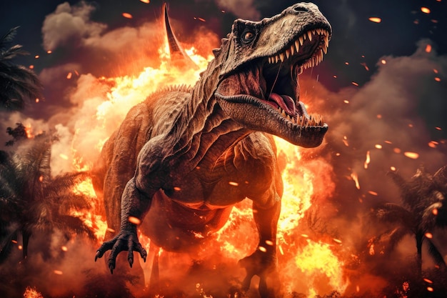Tyrannosaurus Trex dinozaur na tle dymu i ognia Dinozaur w starożytnej dżungli Pierwotny potwór