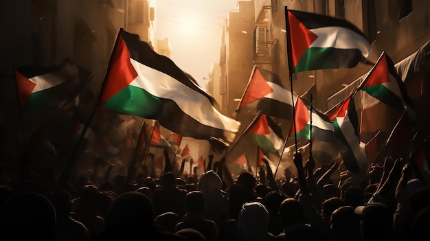 Tysiące ludzi z palestyńskimi flagami zgromadziło się na ulicy, a tłum machał flagami podczas protestu