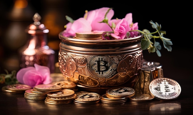 Tysiące złotych monet Bitcoinów na stole Generacyjna sztuczna inteligencja