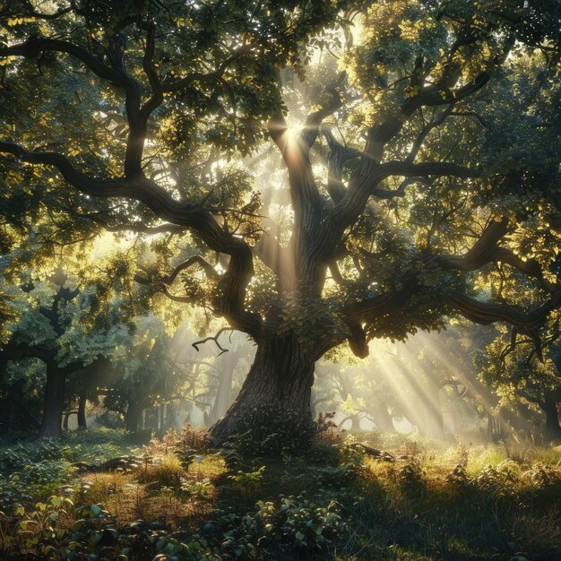 Tysiącletnie dębowe drzewo, przez które świeci słońce.