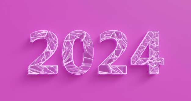 Zdjęcie tytuły kryształów lodu łączą liczby 2024 na nowy rok na różowym tle 3d