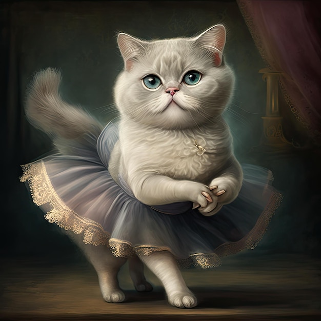 Ubierz kota w kostium baletowy w luksusowym studio na białym tle na tle pokoju