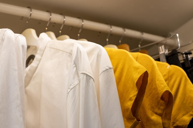 Ubrania na drążku w szafie Sezonowa kapsuła ułatwiająca ubieranie porządek w sprzątaniuKolorowe ubrania na co dzień wieszane na wieszakach Szafa garderoba wypełniona ubraniami do przechowywania butów