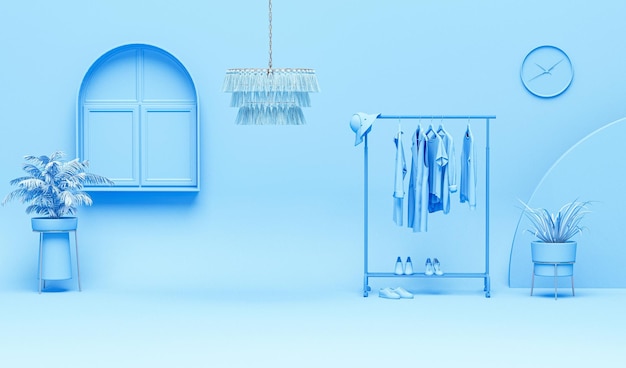 Ubrania na półce do przechowywania wieszaków w pastelowym niebieskim tle Renderowanie 3D na lato prezentacji