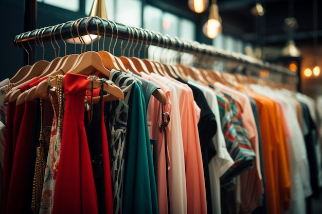 Ubrania wiszą w nowoczesnym butiku odzwierciedlającym współczesną modę w sklepie odzieżowym