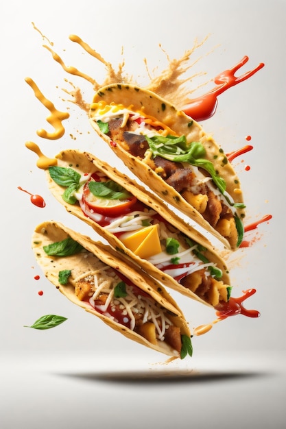 Uchwyć dynamiczne plamy jedzenia na fotografii latającego jedzenia z trzema tacos w roli głównej