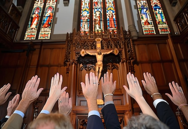 Zdjęcie uchwycenie boskich chwil koncepcja kultu kościoła chrześcijanie podnieśli ręce żarliwie modląc się i oddając cześć, aby przejść w świętej atmosferze budynku kościoła, wyrażając wiarę i duchowe połączenie