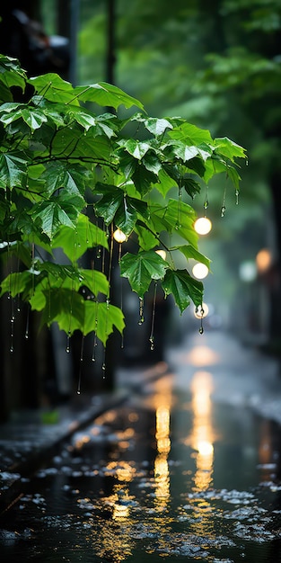 Uchwycenie kropel deszczu spływających kaskadą po jaskrawych zielonych liściach w blasku latarni ulicznej