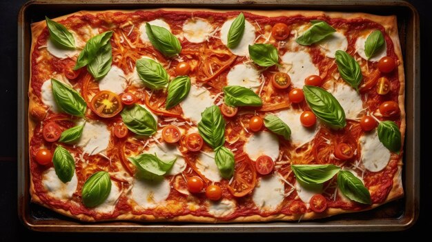 uchwycenie pizzy margherita, żywe kolory, tekstury i składniki, świeża bazylia mozzarella