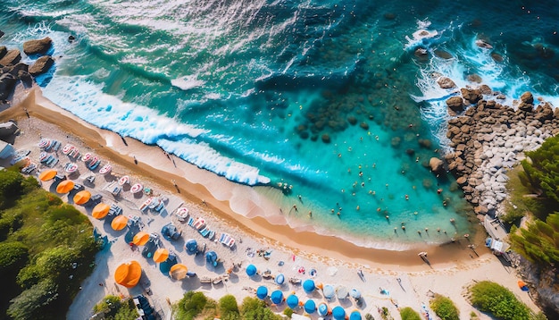 Ucieczka przybrzeżna parasole rozrzucone na piaszczystym wybrzeżu fale w oddali