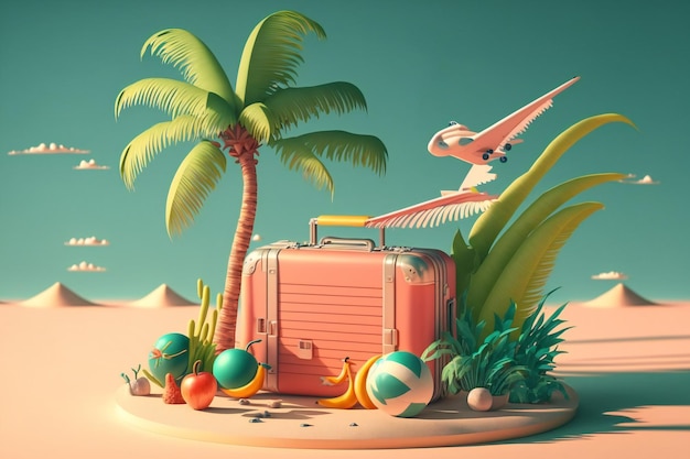 Ucieknij do tropikalnego raju z letnią sceną na plaży z samolotem, walizką i flamingiem