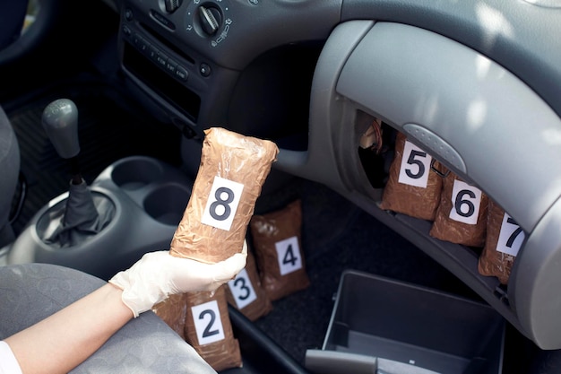 Zdjęcie ucięta ręka trzymająca paczki kokainy w samochodzie