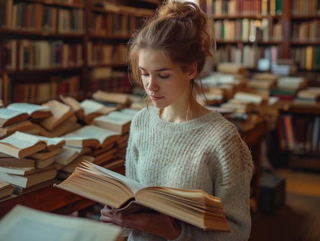 Uczciwa młoda kobieta czyta w bibliotece