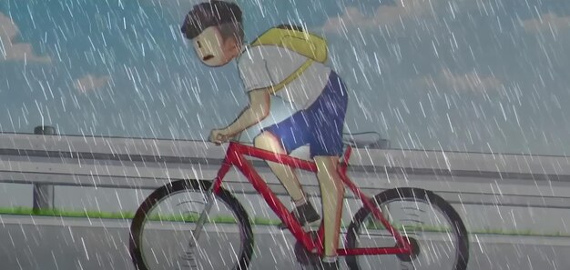 Zdjęcie uczeń jedzie do szkoły na rowerze w deszczu