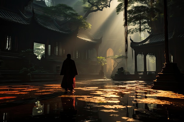 Zdjęcie uczeń medytuje obok świątynnego miecza kung fu o zmierzchu generatywnym ia