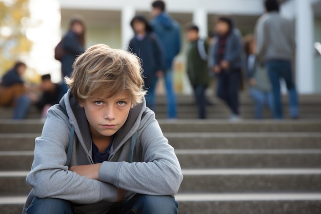 Uczeń siedzący samotnie na schodach Ofiara szkolnego zastraszania Generacyjna sztuczna inteligencja