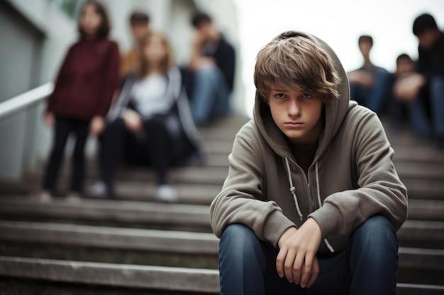 Uczeń siedzący samotnie na schodach Ofiara szkolnego zastraszania Generacyjna sztuczna inteligencja