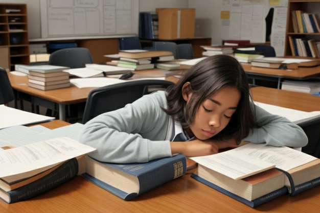Zdjęcie uczeń śpiący na biurku otoczony podręcznikami i notatkami
